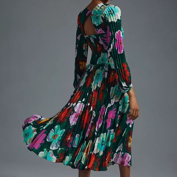 Maeve Anthropologie Pleated V-Neck Dress Floral Midi Long Sleeve 12 - Picture 3 of 10